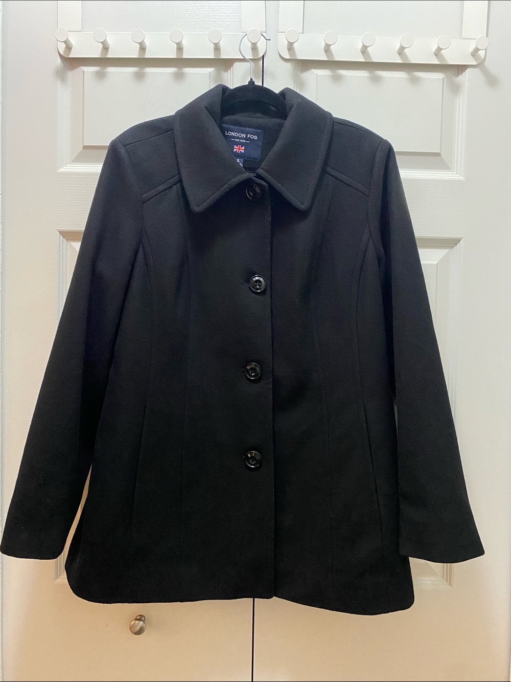 London Fog Black Button-Front Pea Coat - Wool Blend - Size Large